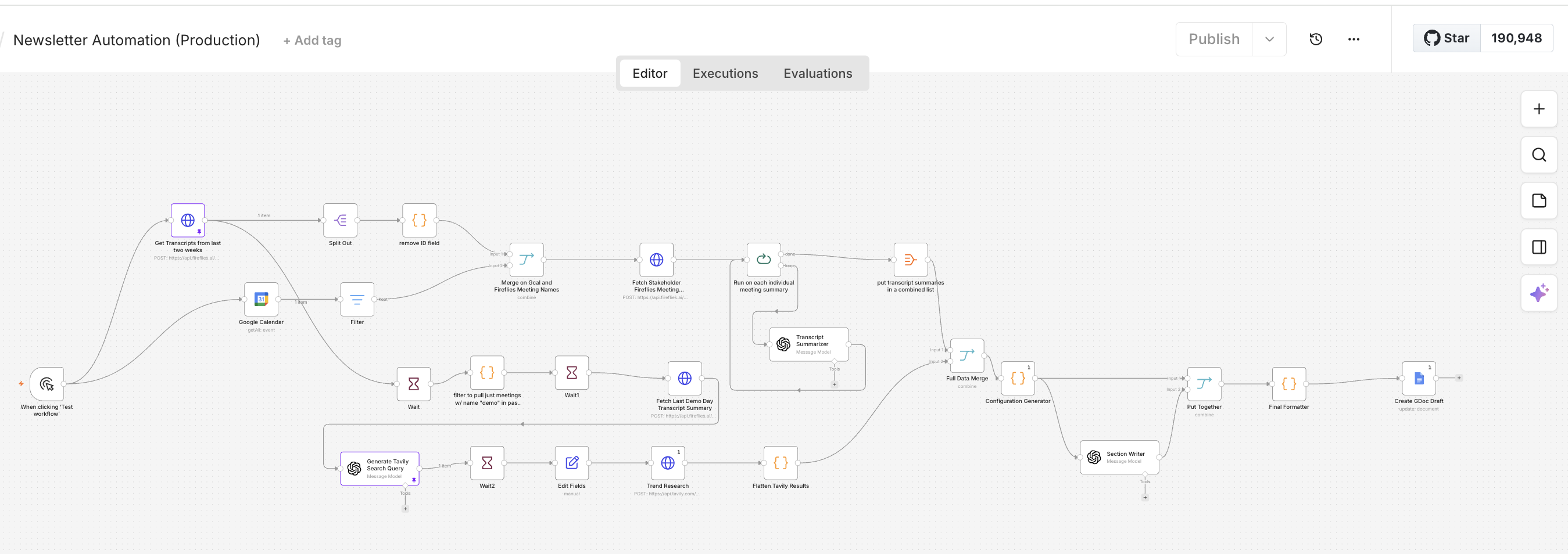 Production n8n workflow for an investor newsletter automation connecting transcripts, calendar context, Tavily research, AI writing steps, and Google Docs draft creation.