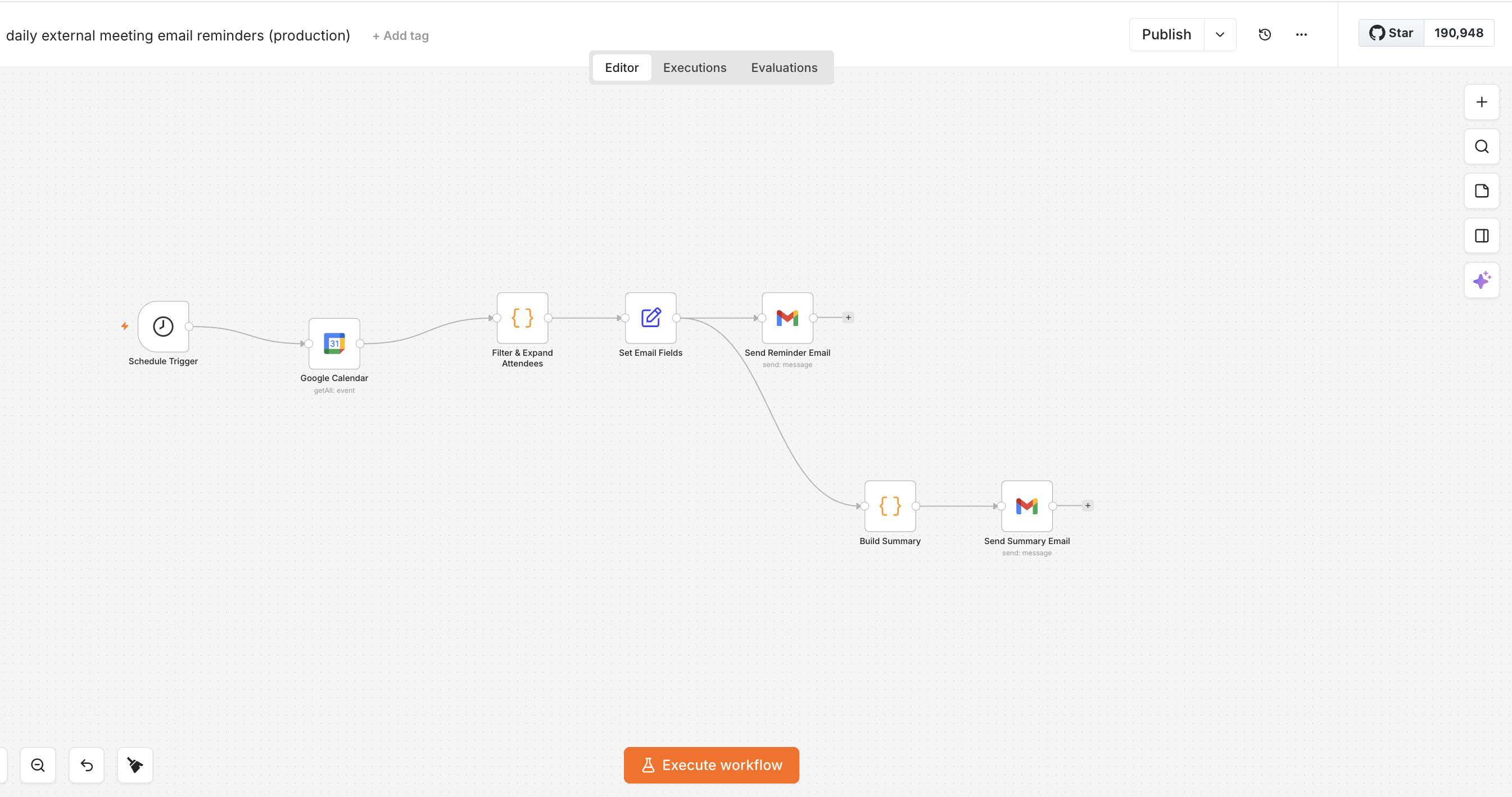 n8n workflow that pulls Google Calendar events, filters attendees, and sends reminder and summary emails through Gmail.