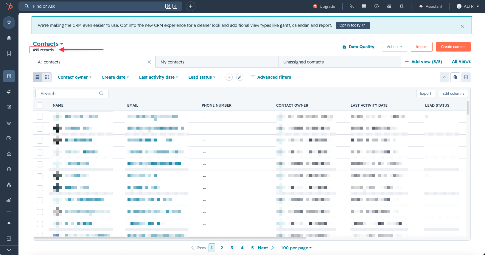 Redacted HubSpot contacts list showing CRM contact records, ownership, activity dates, and lead status fields.