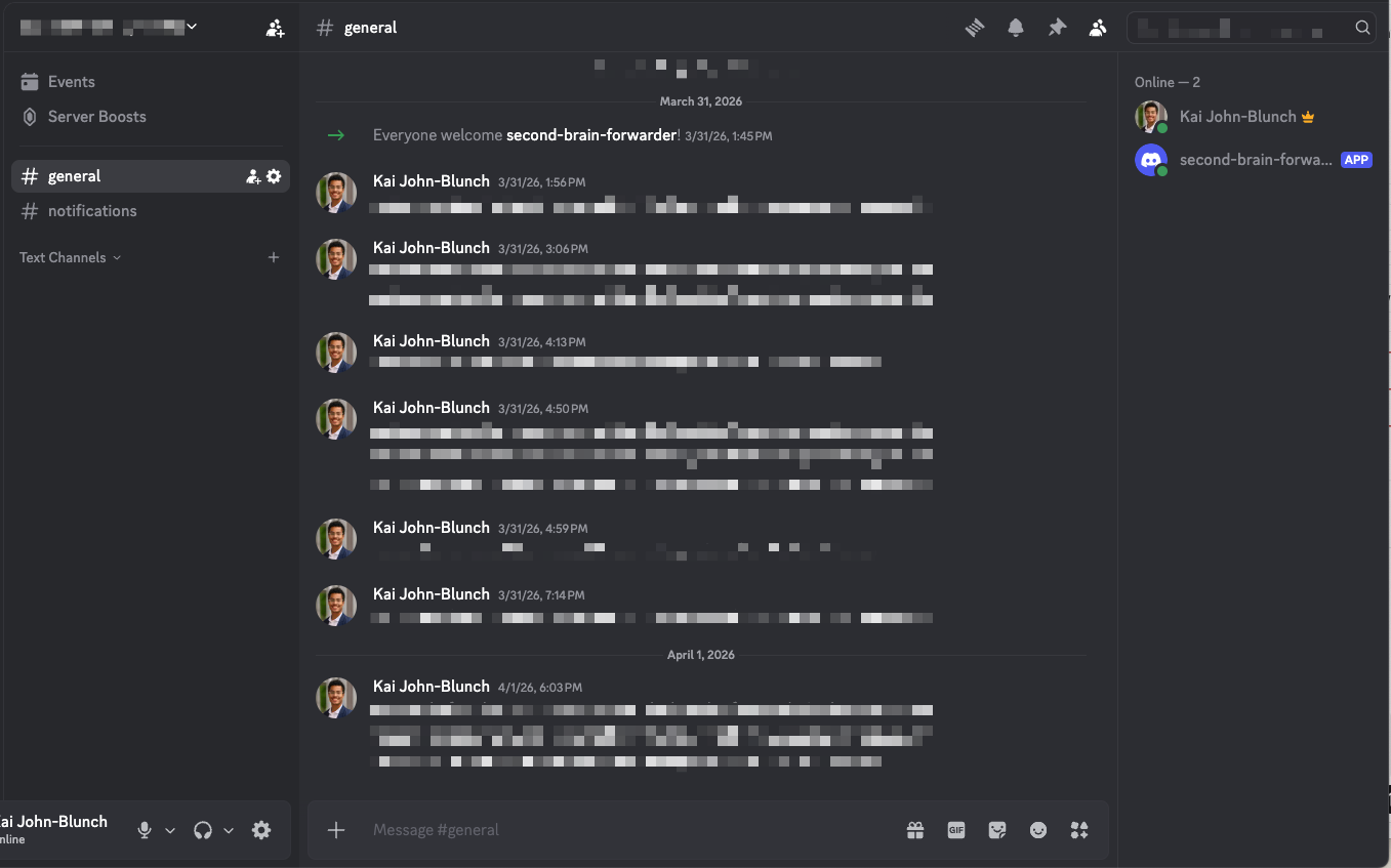 Redacted Discord channel showing the low-friction capture surface for the second brain system.